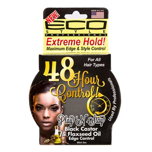 ECO STYLE PROFESSIONAL EXTREME HOLD PLAY N STAY MAXIMUM EDGE AND STYLE 48 HOUR BLACK CASTOR OIL & FLAXSEED OIL EDGE CONTROL